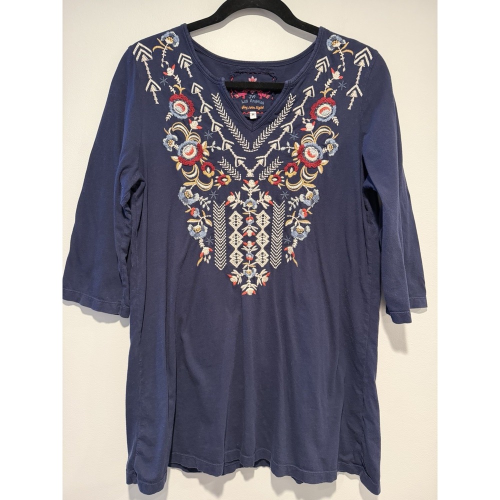 Johnny Was Los Angeles Women Medium Navy Blue Embroidered Boho Hippie Tunic Top